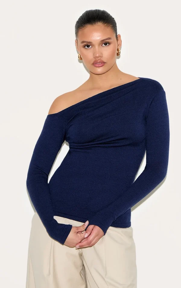 Navy Asymmetric Knitted Top