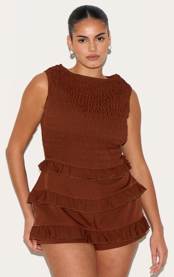 Plus Chocolate Woven Shirred Boat Neck Romper