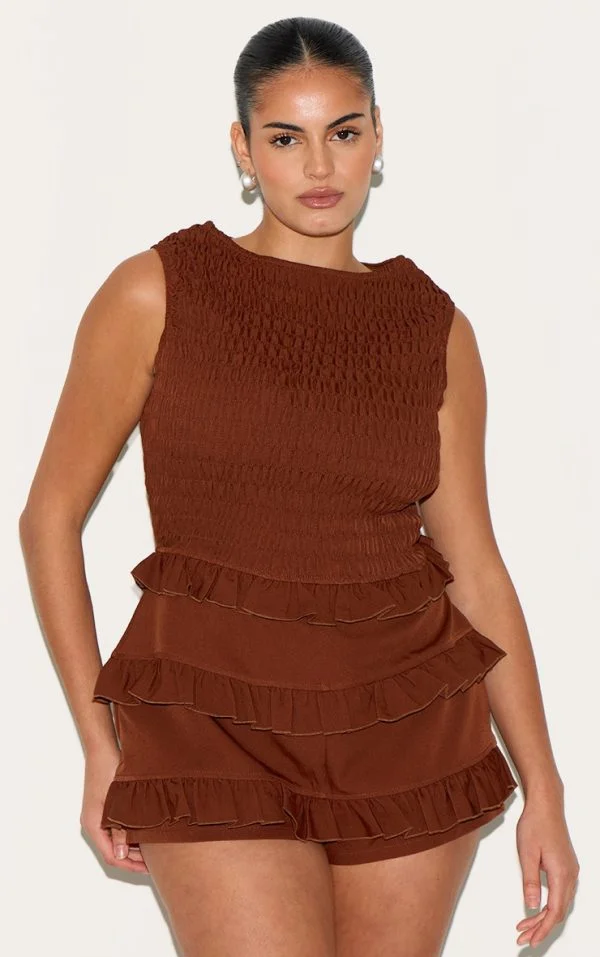 Plus Chocolate Woven Shirred Boat Neck Romper