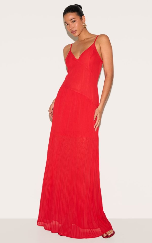 Red Woven Pleated Hem Detail Spaghetti Maxi Dress