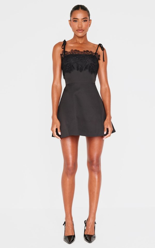 Black Woven Lace Detail Tie Strap A Line Shift Dress