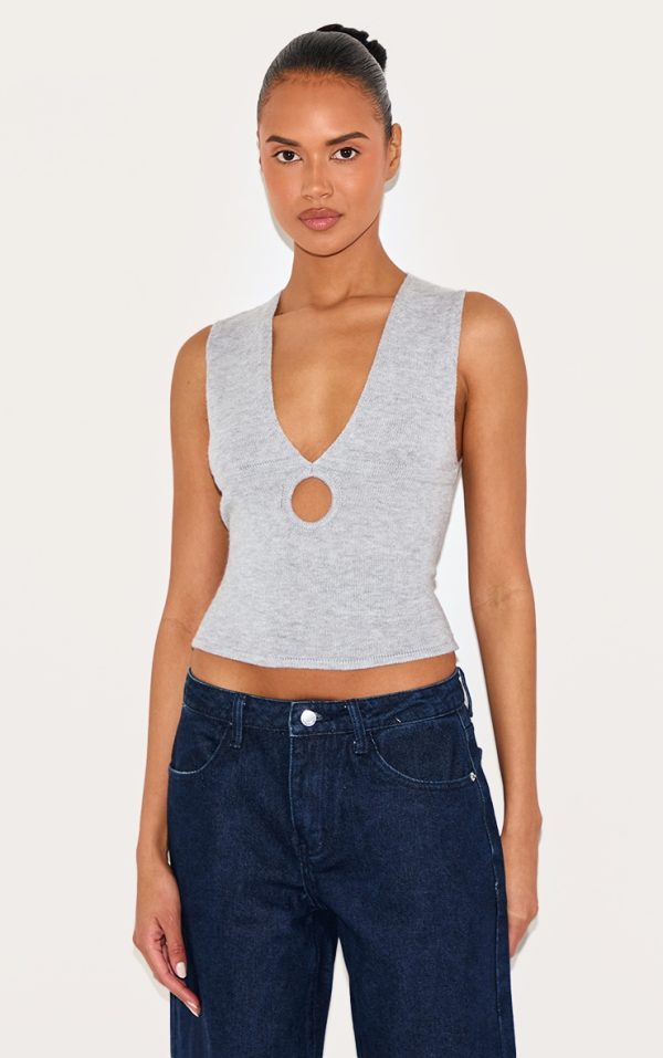 Ash Grey Soft Knit Plunge Detail Crop Top