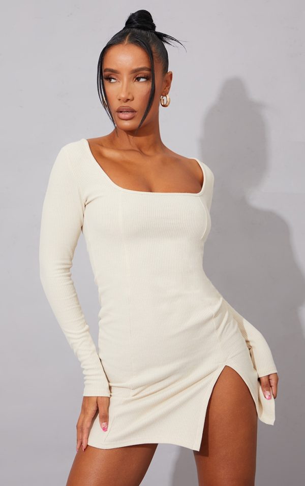 Cream Rib Split Hem Square Neck Long Sleeve Bodycon Dress