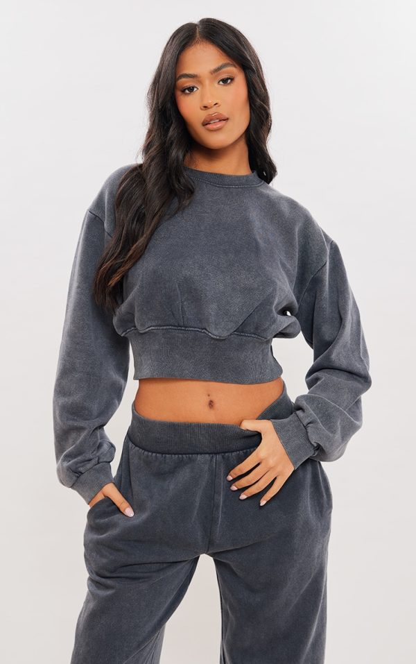 Tall Washed Charcoal Cropped Oversized Sweatshirt