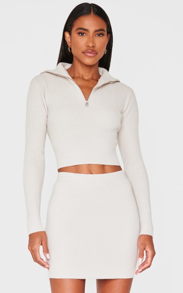 Slate Grey Soft Knit Zip Up Roll Neck Cropped Sweater