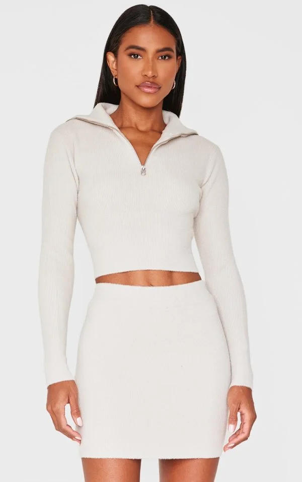 Slate Grey Soft Knit Zip Up Roll Neck Cropped Sweater