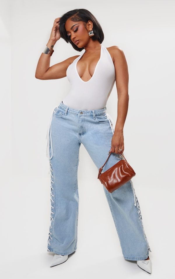 Shape Light Blue Wash Denim Lace Up Detail Wide Leg Jeans