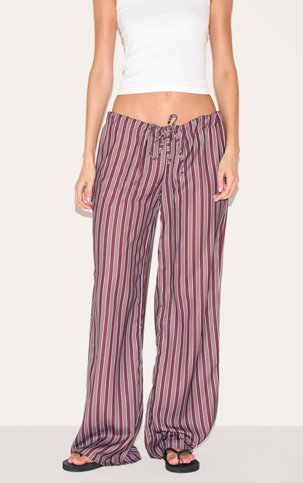 Burgundy Striped Thin Waistband Wide Leg Pants