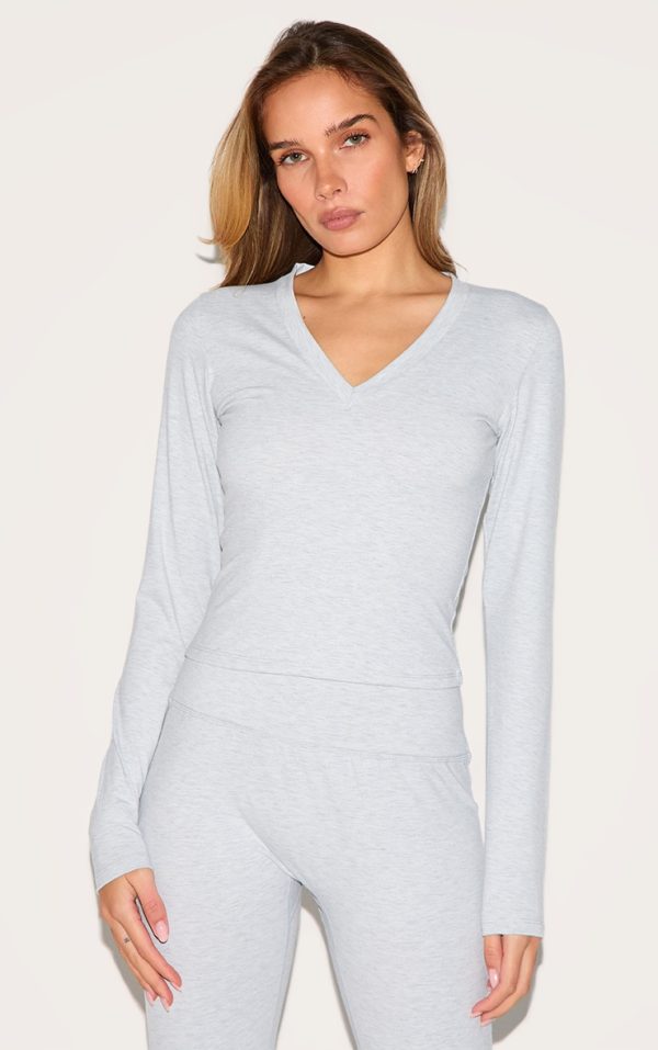 Ash Grey Sculpt V Neck Long Sleeve Top
