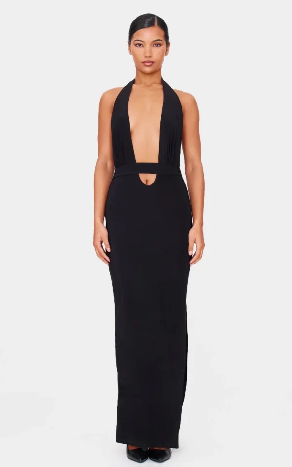 Black Double Layer Slinky Wrap Waist Maxi Dress