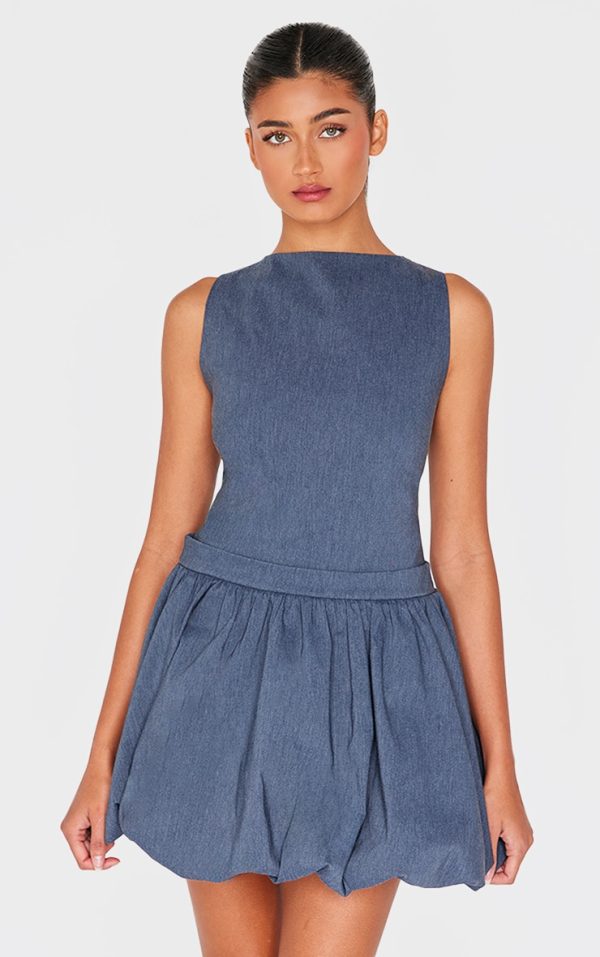 Navy Woven Racer Puffball Dress