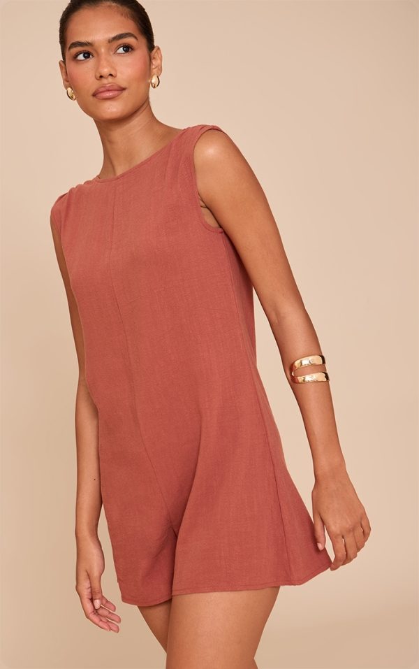 Rust Linen Blend Slouchy Boat Neck Romper