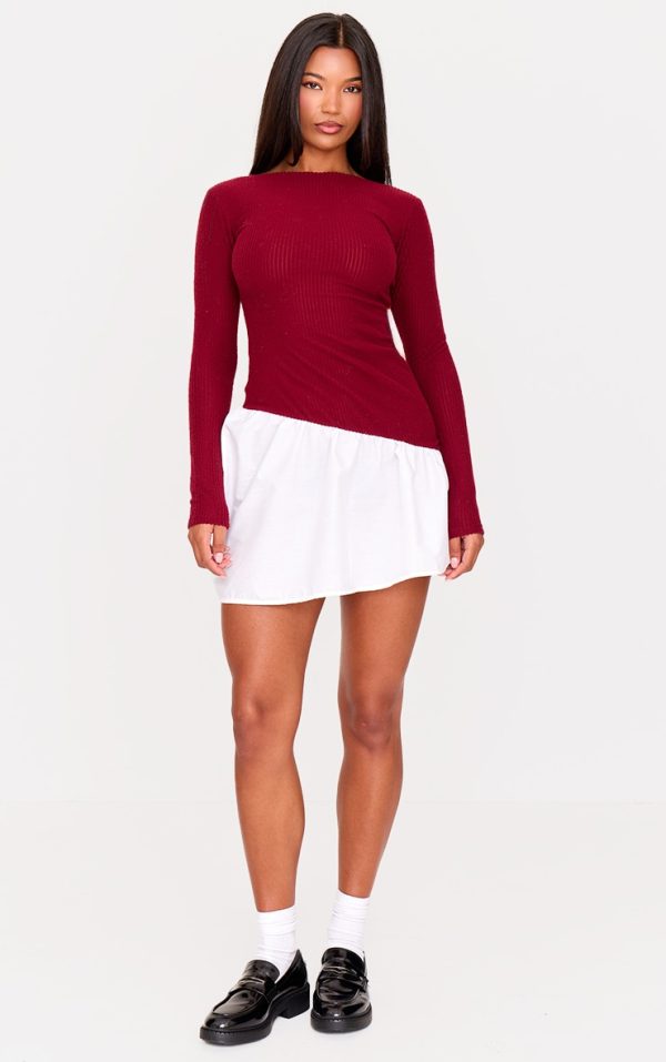 Burgundy Brushed Rib Asymmetric Hem Shift Dress