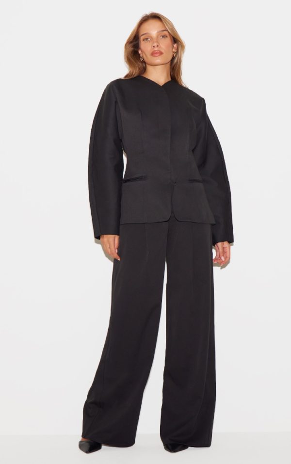 Black Premium Woven Tailored Wide Leg Pleated Pants