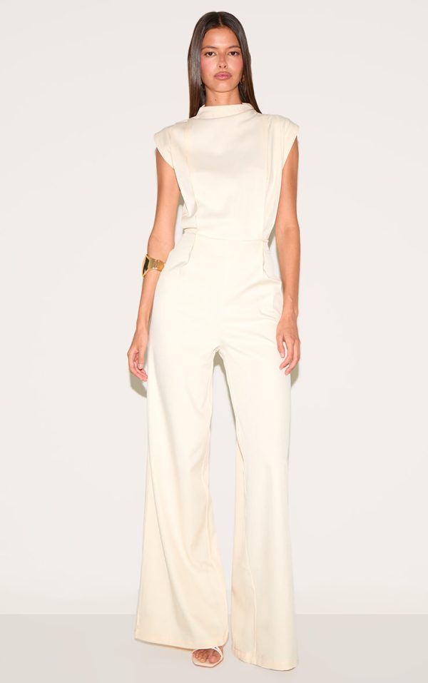 Almond Woven Cap Sleeve Wide Leg Jumpsuit