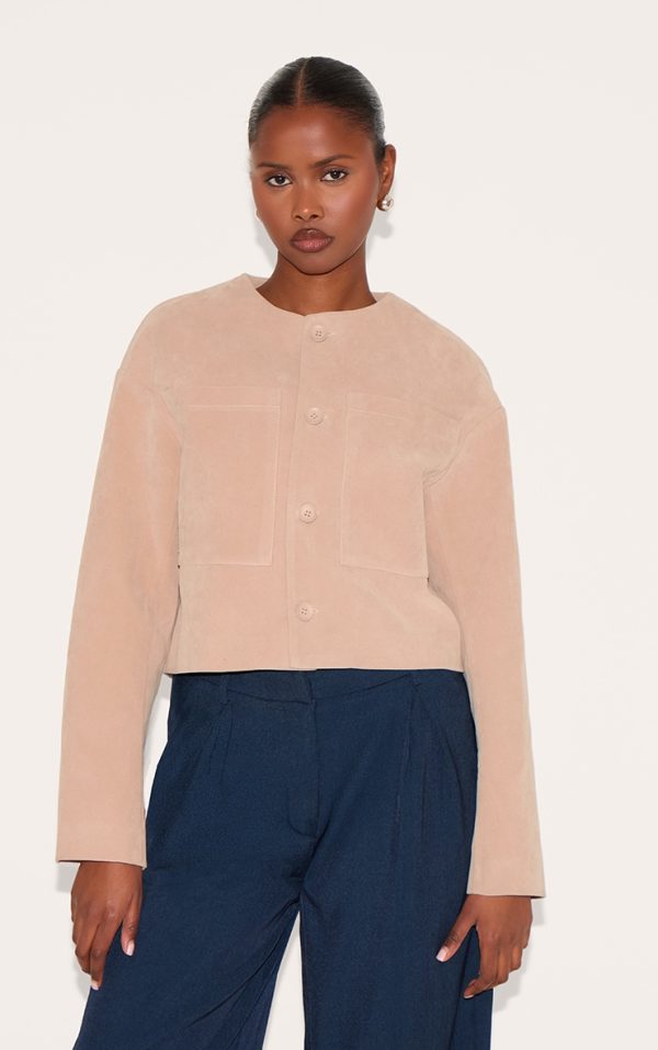 Stone Suede Look Boxy Button Up Jacket