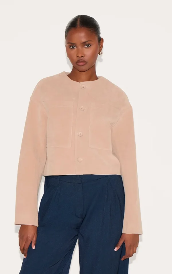 Stone Suede Look Boxy Button Up Jacket