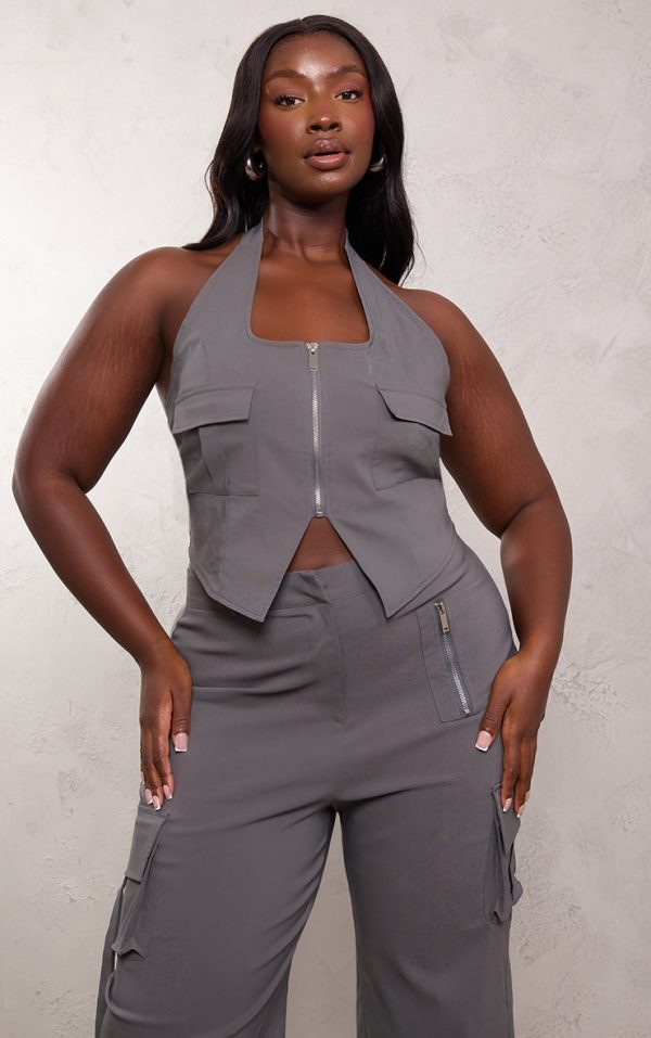 Plus Grey Cargo Pocket Detail Zip Crop Top