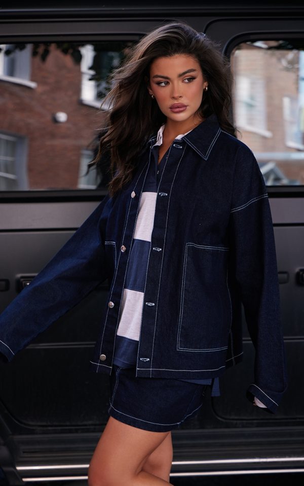 Raw Indigo Wash Contrast Stitch Pocket Patch Detail Denim Shirt