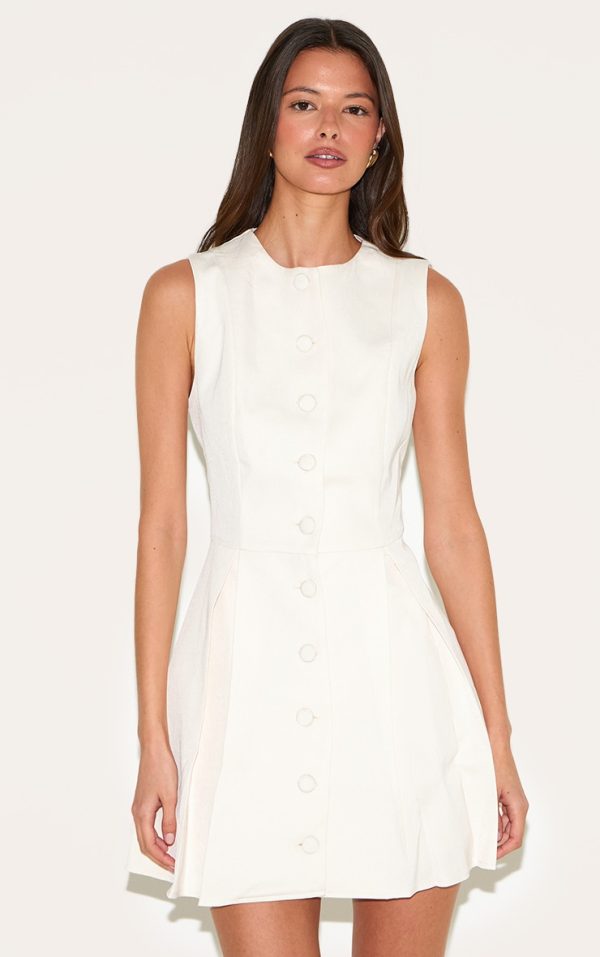 Cream Tailored Woven Button Down Pleated Shift Dress