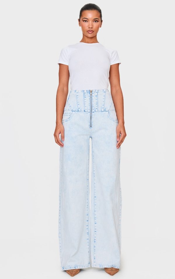 Light Blue Acid Wash Seam Detail Corset Waist Jeans