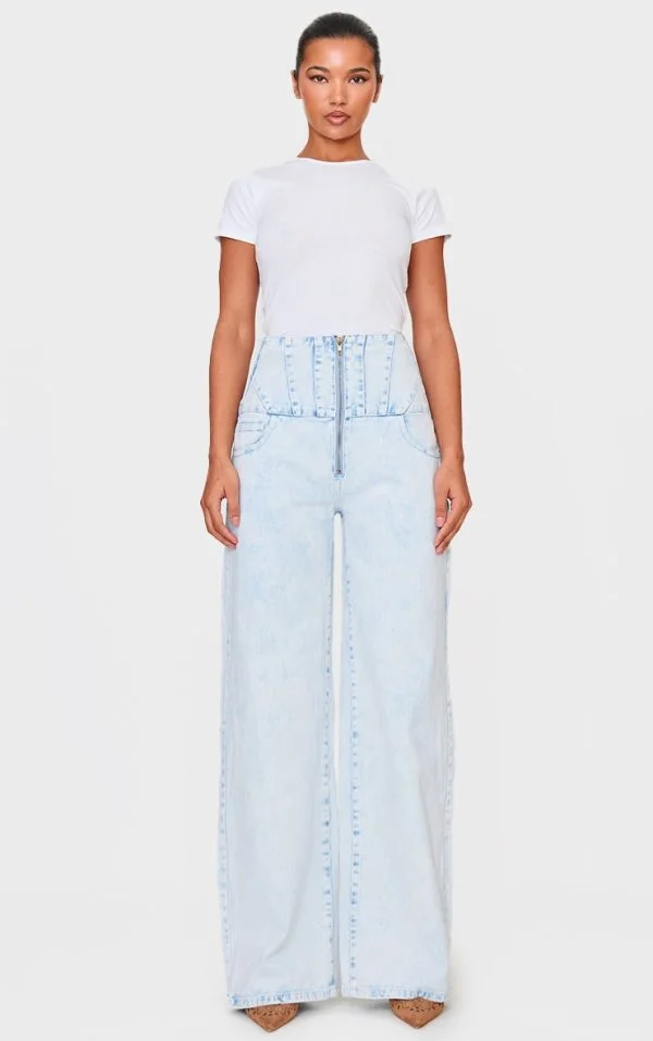 Light Blue Acid Wash Seam Detail Corset Waist Jeans
