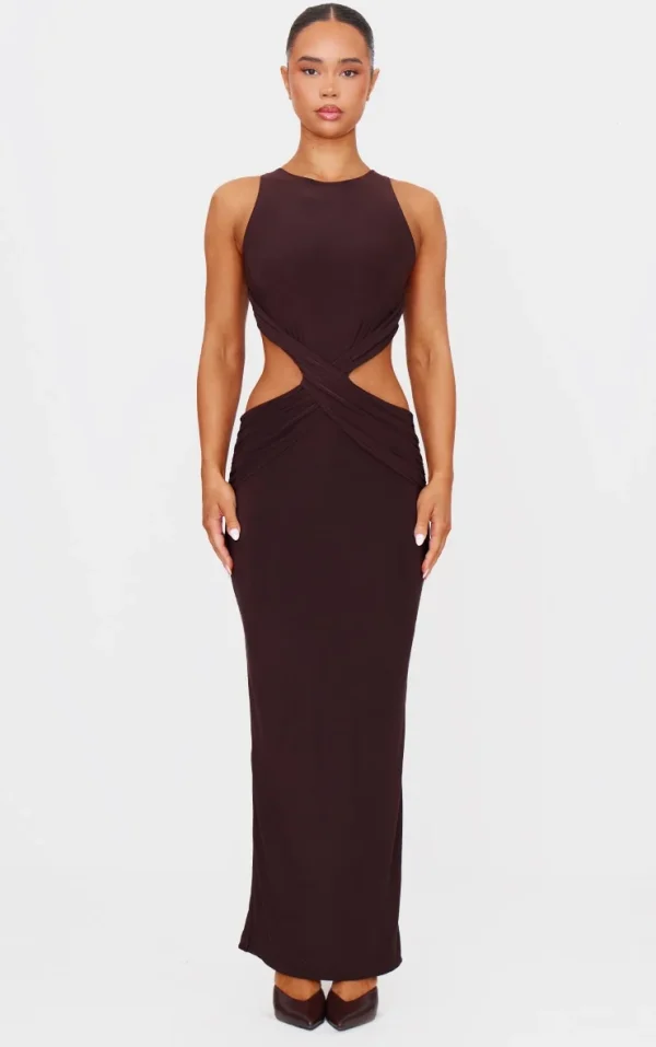 Chocolate Double Layer Slinky Twist Front Maxi Dress