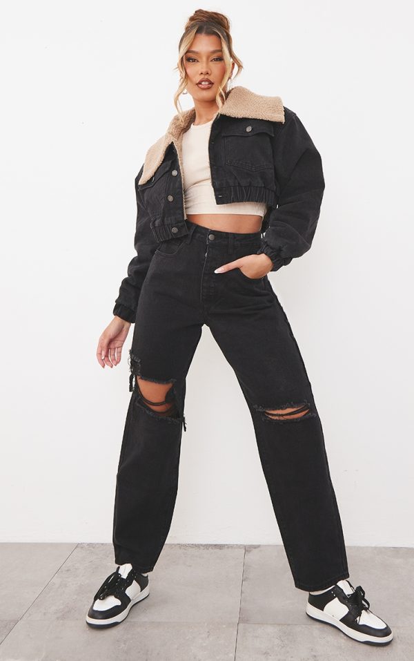 PRETTYLITTLETHING Washed Black Knee Rip Boyfriend Jeans
