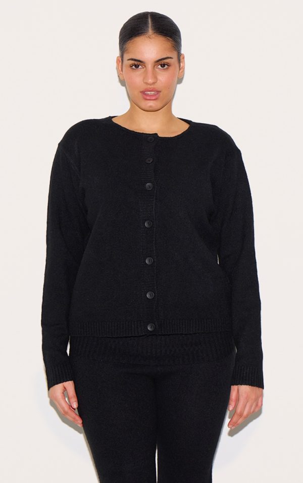 Plus Black Melange Soft Knit Basic Button Up Cardigan