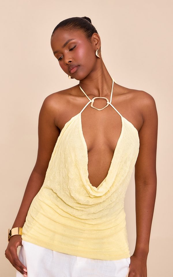 Butter Yellow Double Layer Crinkle Mesh Trim Cowl Neck Long Top