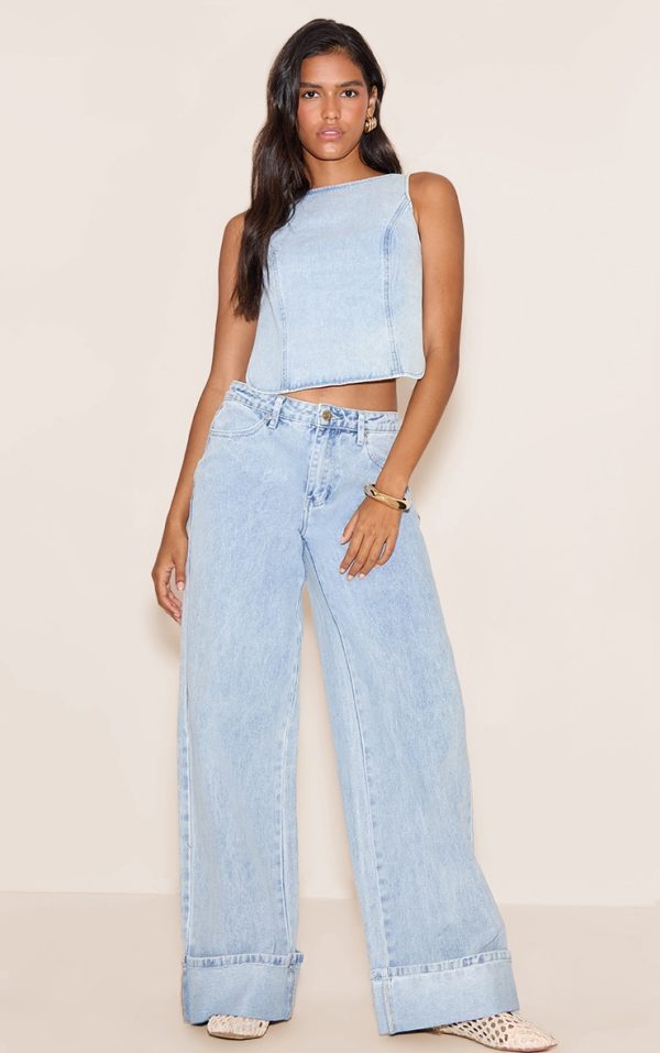 Light Blue Turn Up Hem Wide Leg Jean