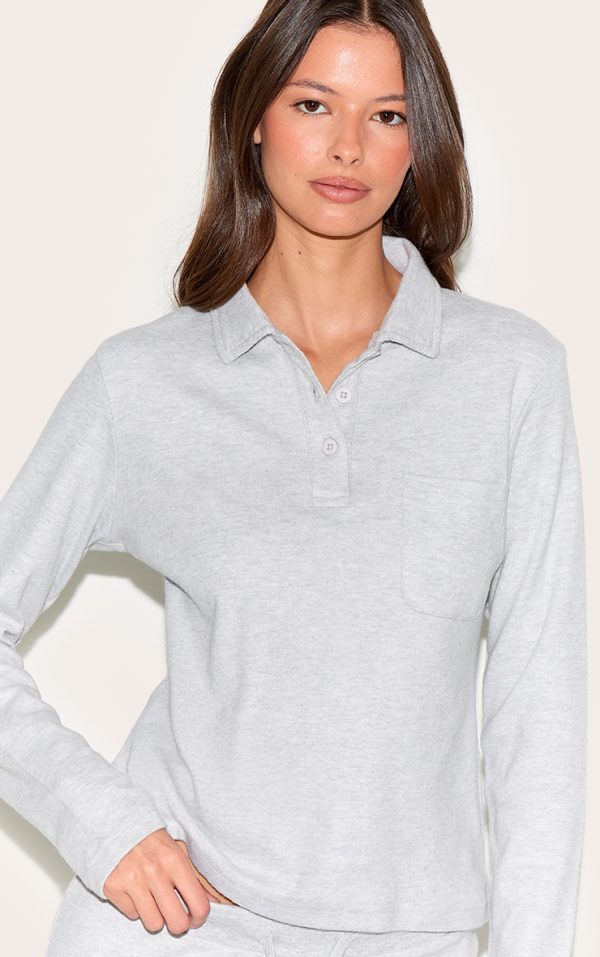 Light Grey Long Sleeved Super Soft V Neck Button Up Top
