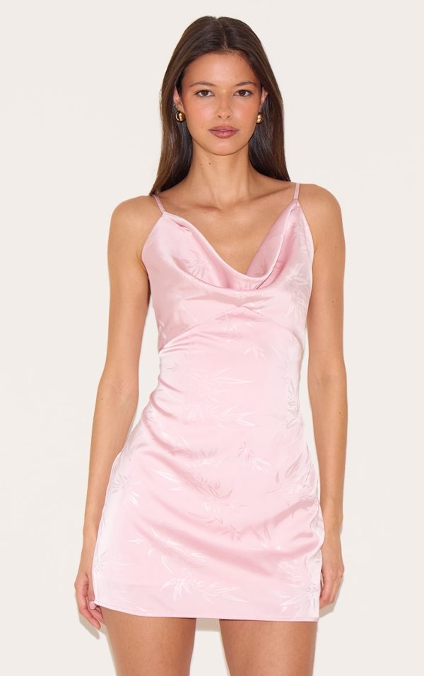 Pale Rose Satin Leaf Print Cowl Neck Mini Dress