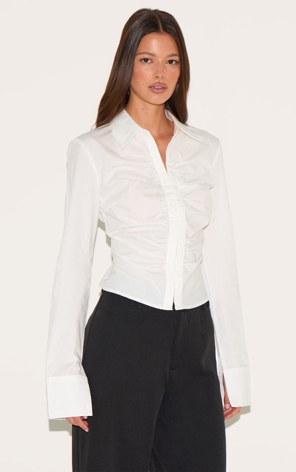 White Hook And Eye Ruched Fitted Shirt