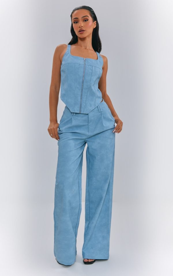 Petite Washed Blue Faux Leather Straight Leg Pants