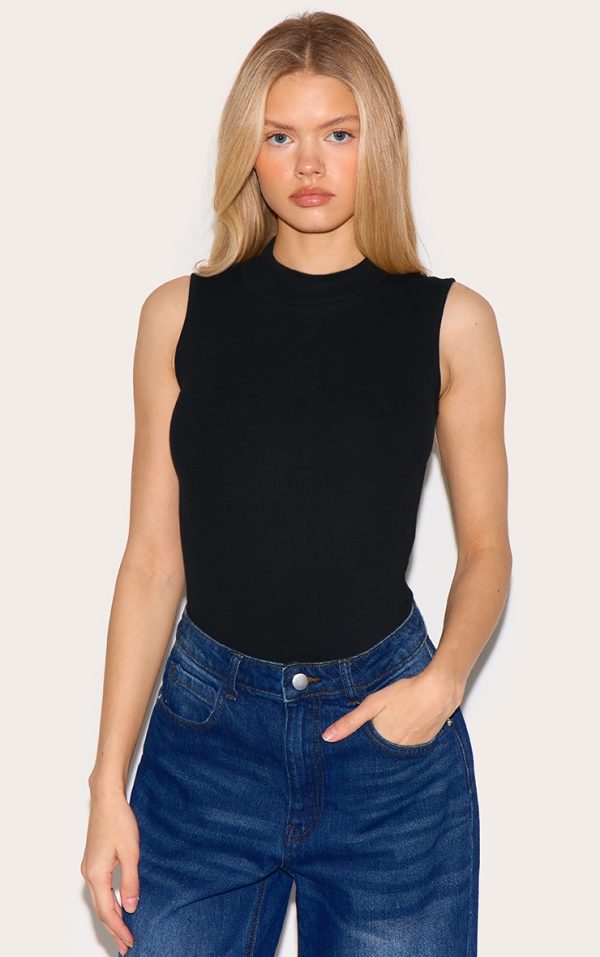 Black Rib High Neck Sleeveless Bodysuit