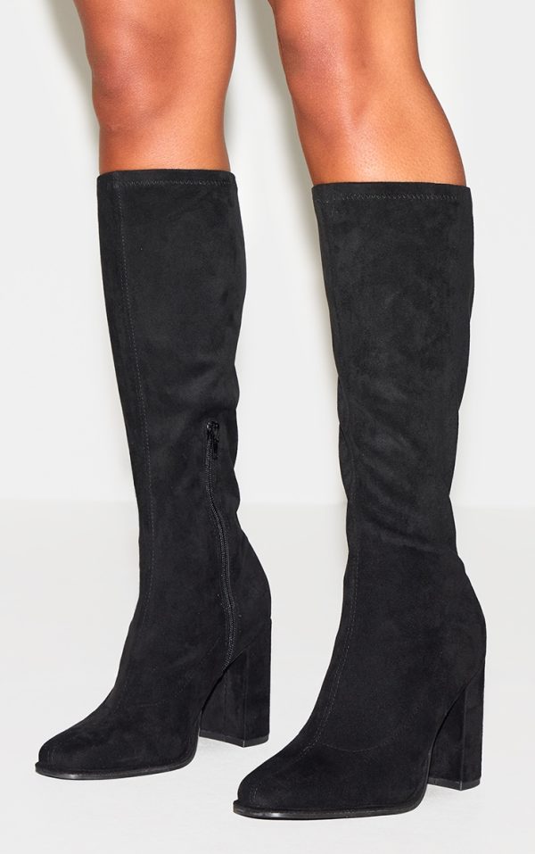 Black Faux Suede Round Toe High Block Heel Knee High Boots