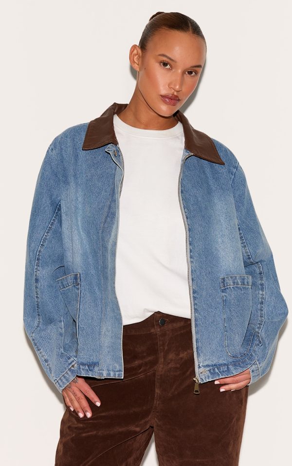 Plus Light Vintage Blue Faux Leather Collar Denim Jacket