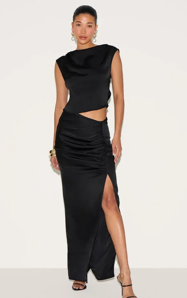 Black Ruched Satin Split Detail Maxi Skirt