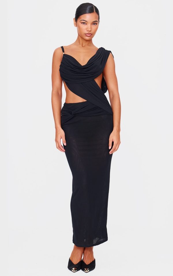 Black Mesh Draped Cut Out Maxi Dress