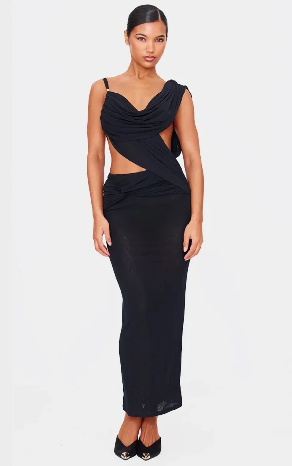 Black Mesh Draped Cut Out Maxi Dress