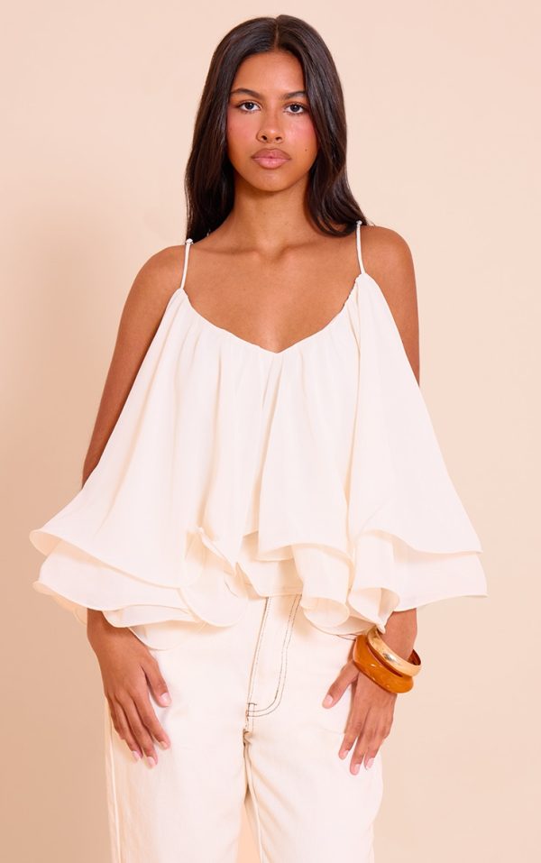 Petite Cream Chiffon Layered Puffball Top
