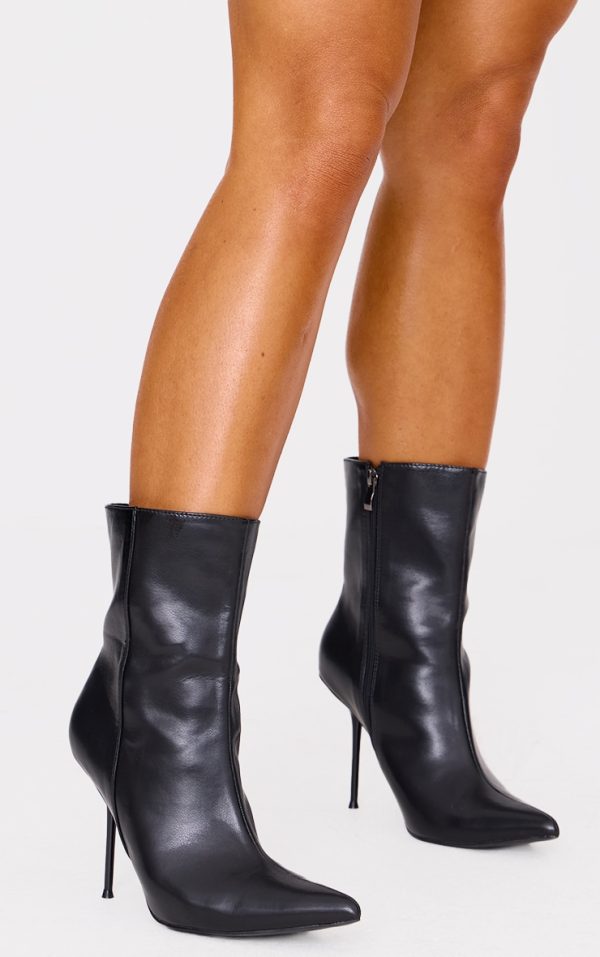 Black Pu Point Toe Mid Heeled Ankle Boots