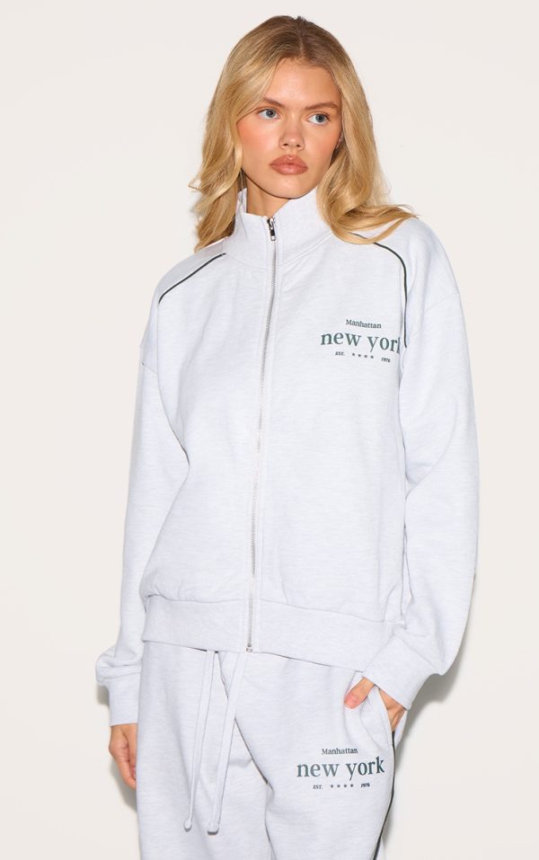 Ash Grey Premium Piping Detail High Neck Zip Through Sweatshirt