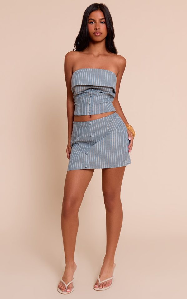 Petite Blue Pinstripe Button Up Mini Skirt
