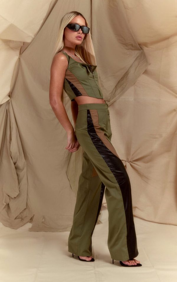 Khaki Twill Contrast Panel Straight Leg Pants