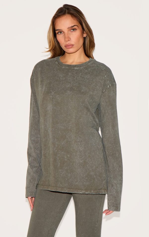 PRETTYLITTLETHING Olive Embossed Logo Washed Long Sleeve T-shirt