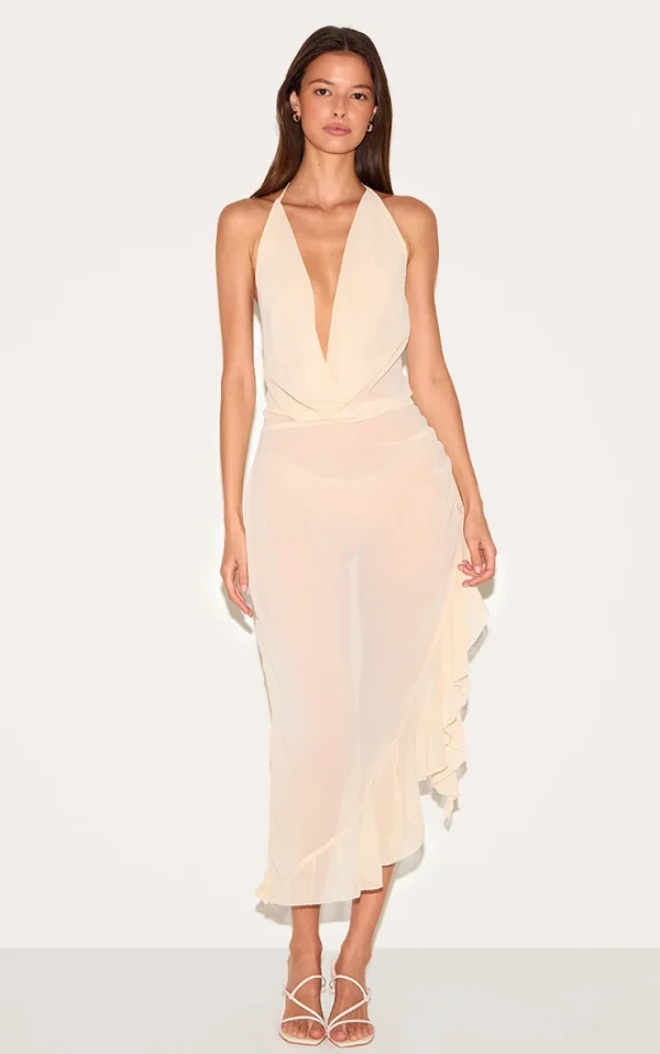 Natural Cowl Ruffle Split Detail Maxi Dress