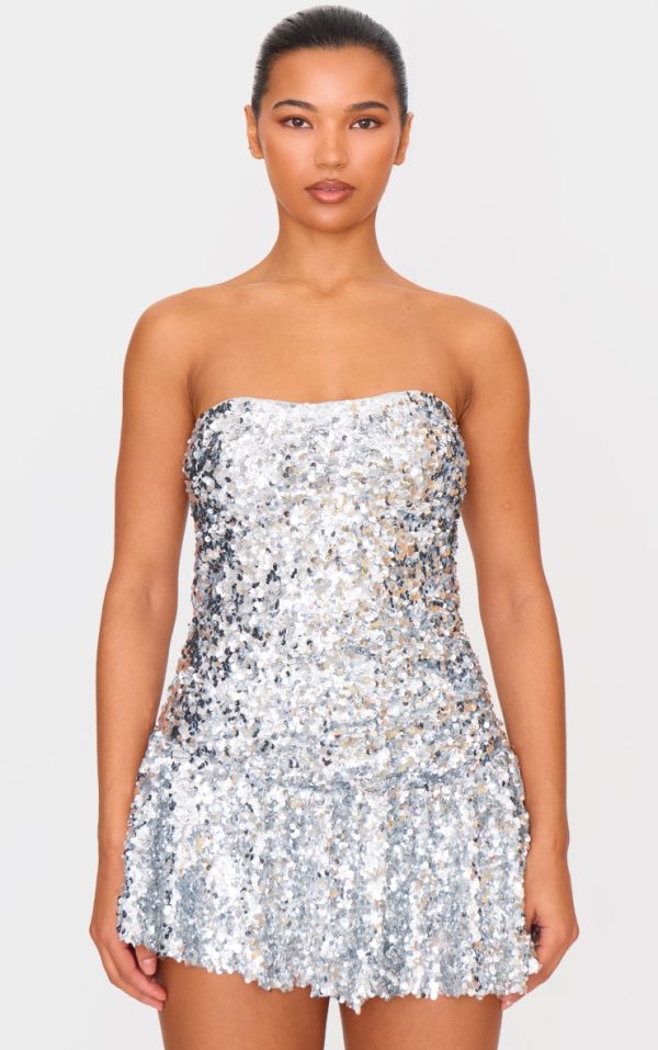 Silver Sequin Bandeau Pleated Skort Romper