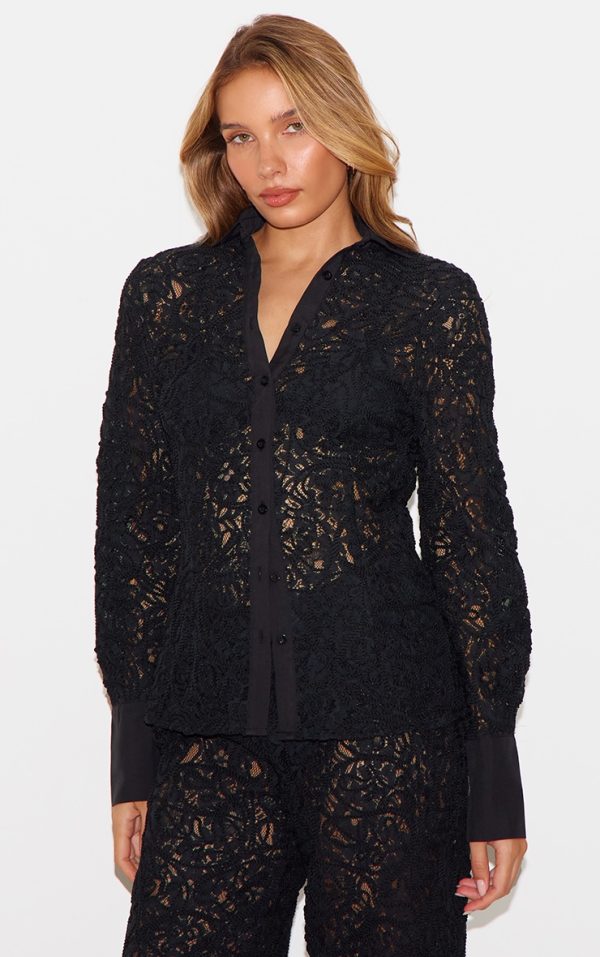 Black Premium Jaquard Lace Fitted Shirt